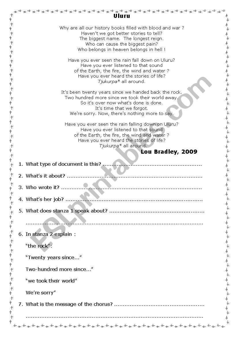 Uluru Lou Bradley [SONG] worksheet